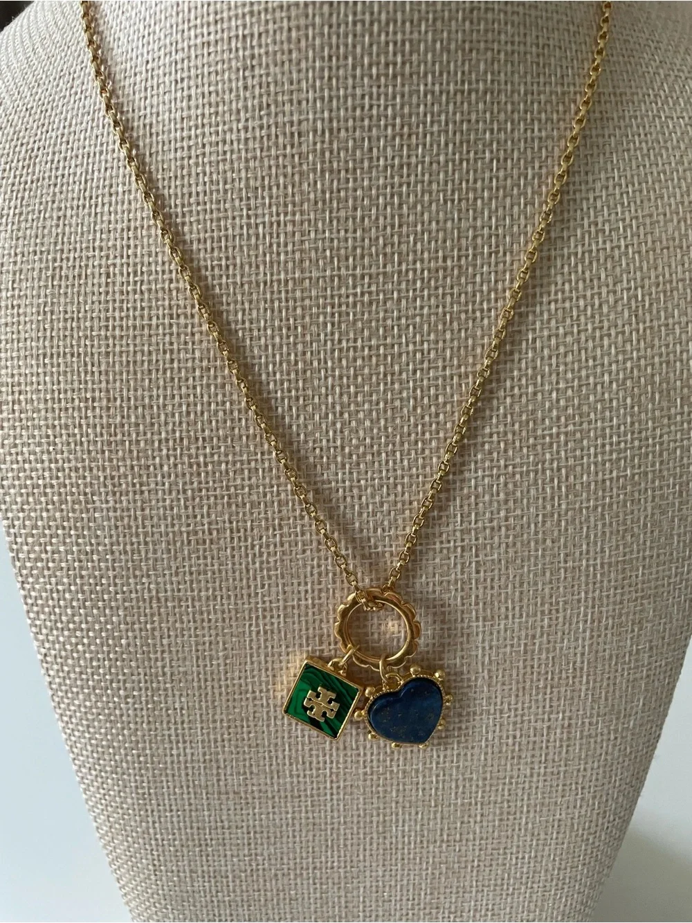 Tory Burch Gold Necklace with Blue Heart and Green Enamel Square Charms